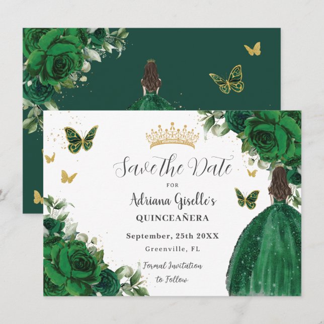 Reserva La Fecha Floral verde esmeralda Princesa Dorada Quinceañera (Anverso / Reverso)