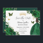 Reserva La Fecha Floral verde esmeralda Princesa Dorada Quinceañera<br><div class="desc">Personalice este bonito floral verde esmeralda Quinceañera / dulce 16 cumpleaños, salve la fecha fácil y rápidamente. Simplemente haga clic en el botón personalizar para editar los textos, cambiar las fuentes y los colores de las fuentes. Con un chica vestido con un hermoso vestido de bola verde esmeralda purpurinoso, vibrantes...</div>