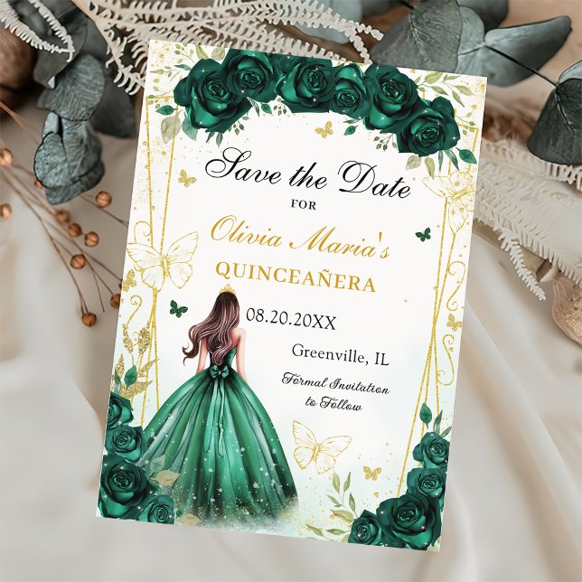 Reserva La Fecha Floral verde esmeralda Quinceanera dulce 16 (Subido por el creador)