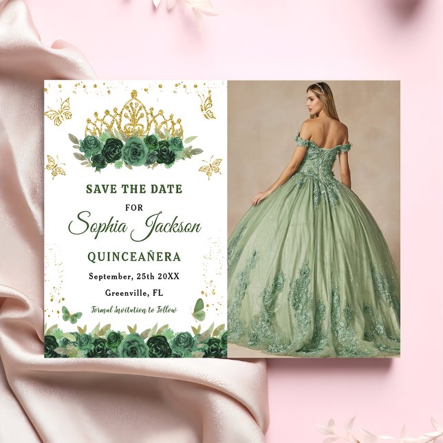 Reserva La Fecha Floral verde esmeralda Tiara Mariposa Quinceanera (Subido por el creador)