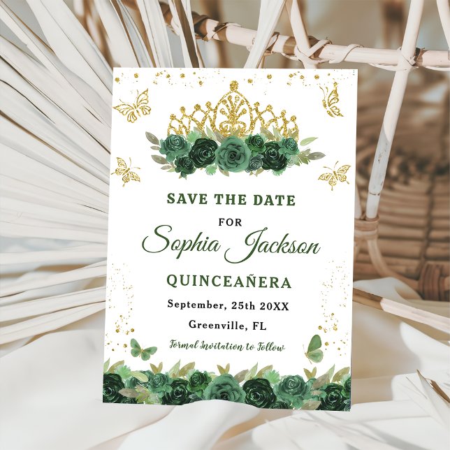 Reserva La Fecha Floral verde esmeralda Tiara Mariposa Quinceanera (Subido por el creador)