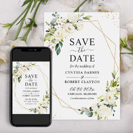 Reserva La Fecha Floral verde marfil blanco moderno oro geométrico