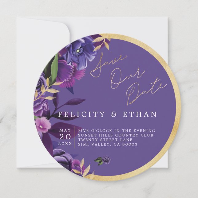 Reserva La Fecha Florals Ultra Violet & Gold Wedding Salven La Fech (Anverso)