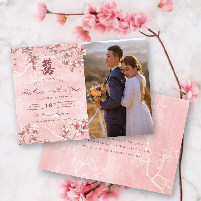 Reserva La Fecha Florecimiento de la sonda doble felicidad Boda chi (Pink Peach Blossoms Double Happiness Elegant Chinese Wedding Photo Announcement @ fatfatin_red_knot)