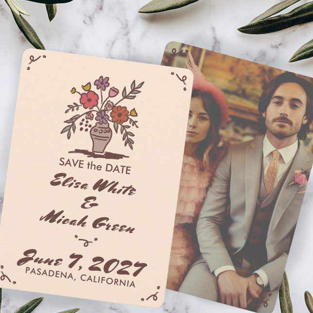 Reserva La Fecha Florero Floral Rústico Caprichoso Boceto Foto Pers (Floral Vase Rustic Whimsical Sketch Custom Photo Save The Date
)