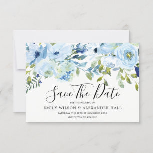 Reserva La Fecha Flores Acuarela Azul Cielo Boda Moderna
