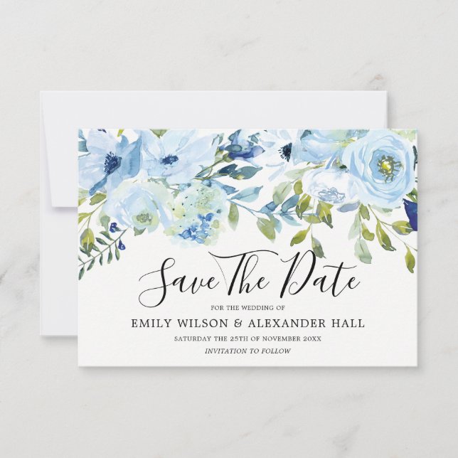 Reserva La Fecha Flores Acuarela Azul Cielo Boda Moderna (Anverso)
