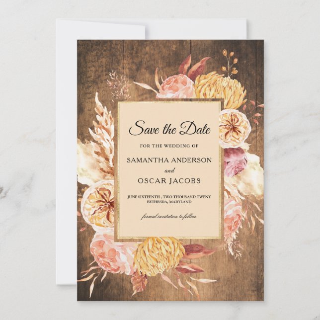 Reserva La Fecha Flores Acuarela Color Pastel de Madera Vintage  (Anverso)