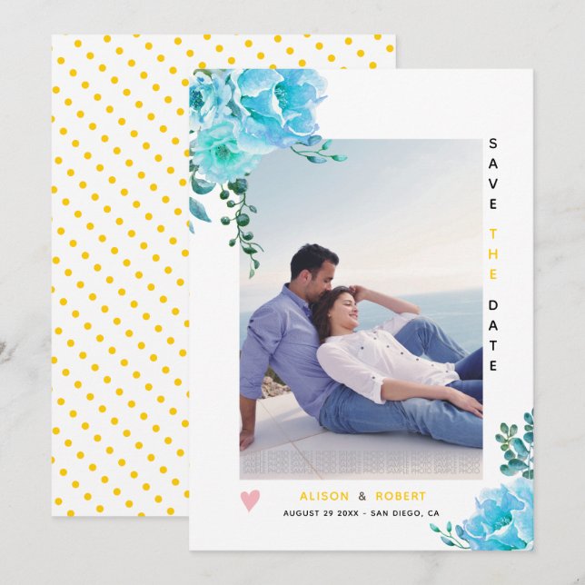 Reserva La Fecha Flores acuáticas azules de Aqua, hojas foto amaril (Anverso / Reverso)