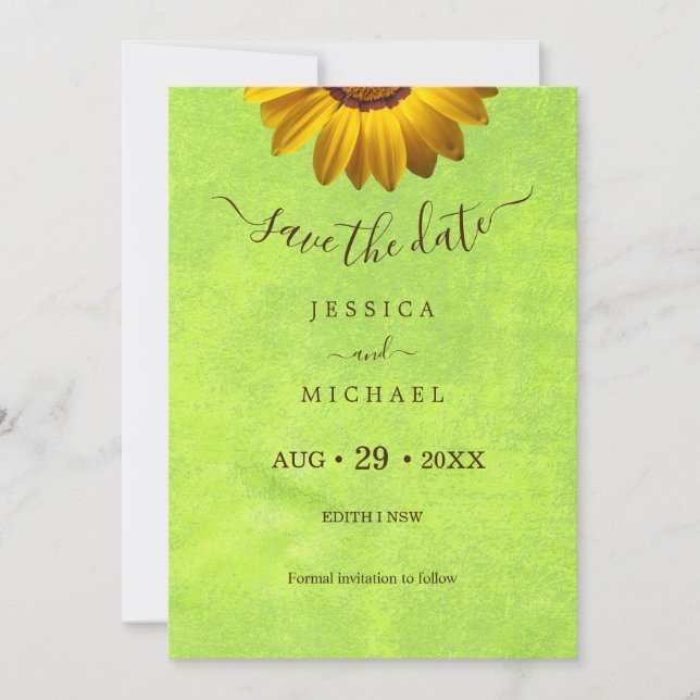 Reserva La Fecha Flores amarillas sobre el Boda Verde abstracto (Anverso)