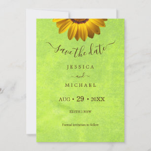 Reserva La Fecha Flores amarillas sobre el Boda Verde abstracto