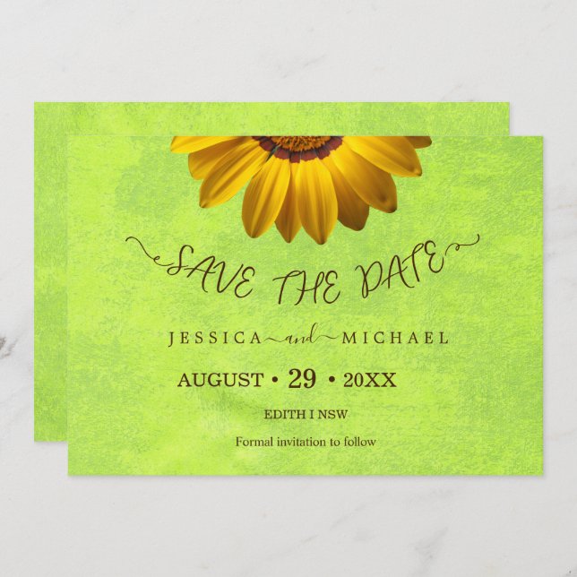Reserva La Fecha Flores amarillas sobre el Boda Verde abstracto (Anverso / Reverso)