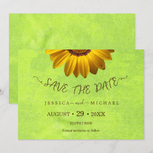 Reserva La Fecha Flores amarillas sobre el Boda Verde abstracto