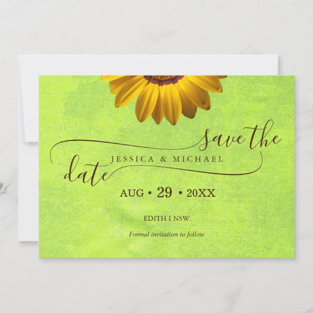 Reserva La Fecha Flores amarillas sobre el Boda Verde abstracto (Anverso)