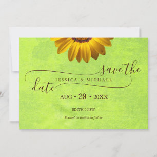 Reserva La Fecha Flores amarillas sobre el Boda Verde abstracto
