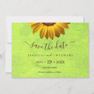 Reserva La Fecha Flores amarillas sobre el Boda Verde abstracto