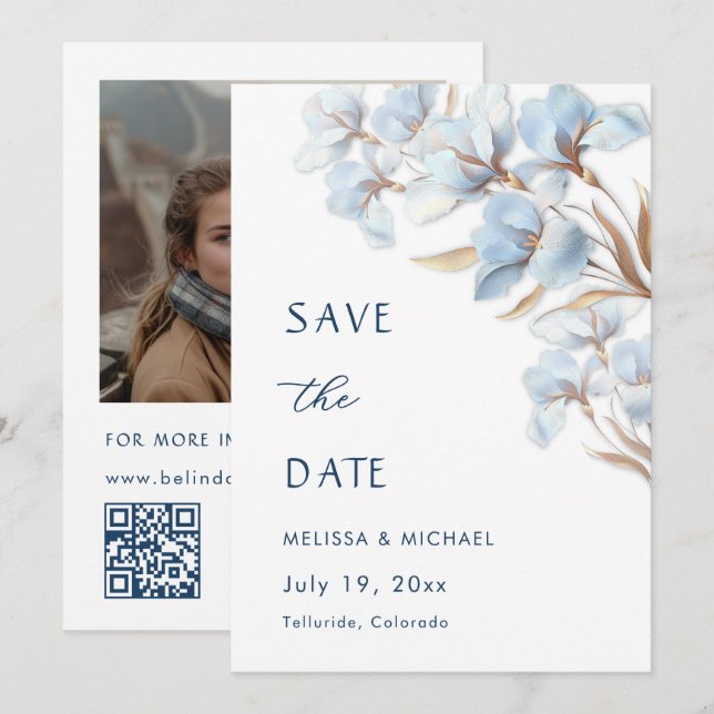 Reserva La Fecha Flores Artísticas Blue Gold Save The Date (Anverso / Reverso)