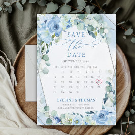 Reserva La Fecha Flores azules claras mes calendario del marco plat