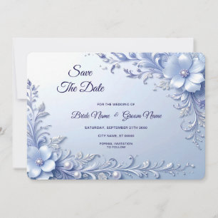 Reserva La Fecha Flores Azules Ornamentadas con Perlas Save The Dat