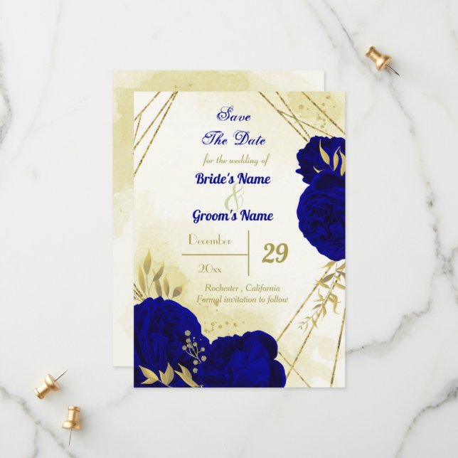 Reserva La Fecha Flores azules reales hojas de oro (Anverso/Reverso In Situ)