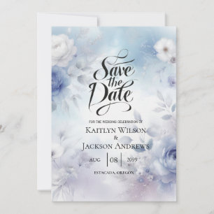 Reserva La Fecha Flores azules suaves y Boda húmedo de lavanda