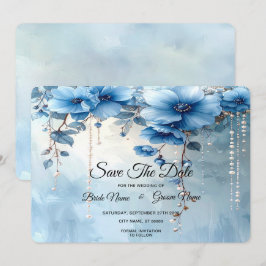 Reserva La Fecha Flores Azules y Perlas Save The Date