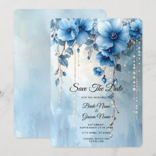 Reserva La Fecha Flores Azules y Perlas Save the Date