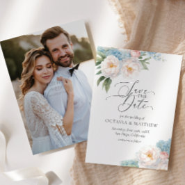 Reserva La Fecha Flores azules y rosadas blandas BODA de fotografía