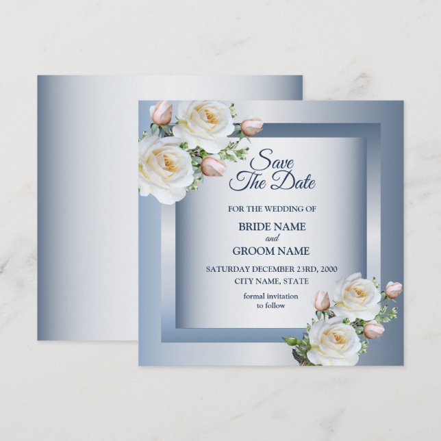 Reserva La Fecha Flores Blancas Elegante Gris Azul (Anverso / Reverso)