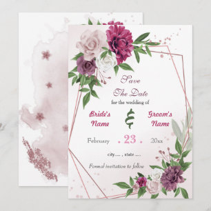 Reserva La Fecha Flores blancas mauve rosadas románticas geométrica