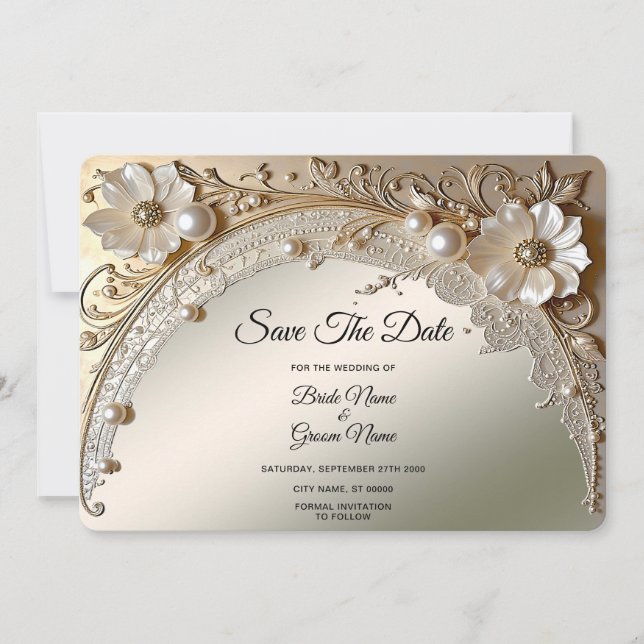 Reserva La Fecha Flores Blancas Modernas Perlas Save The Date (Anverso)