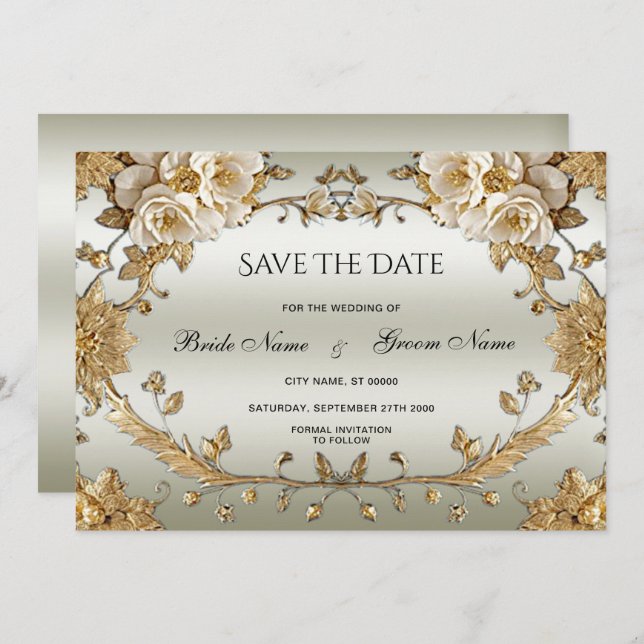 Reserva La Fecha Flores Blancas Ornadas Doradas Salvan La Fecha (Anverso / Reverso)