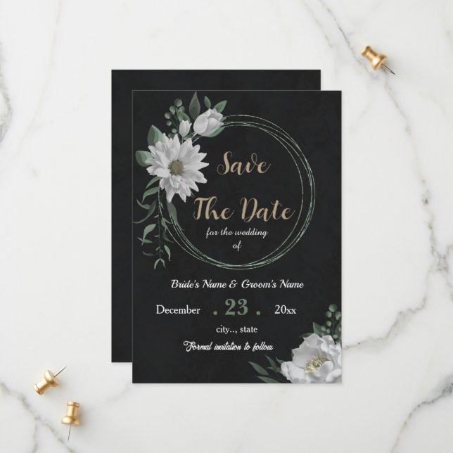 Reserva La Fecha flores blancas románticas negro botánico (Anverso/Reverso In Situ)