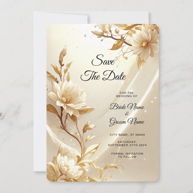 Reserva La Fecha Flores Blancas y Doradas Save The Date (Anverso)