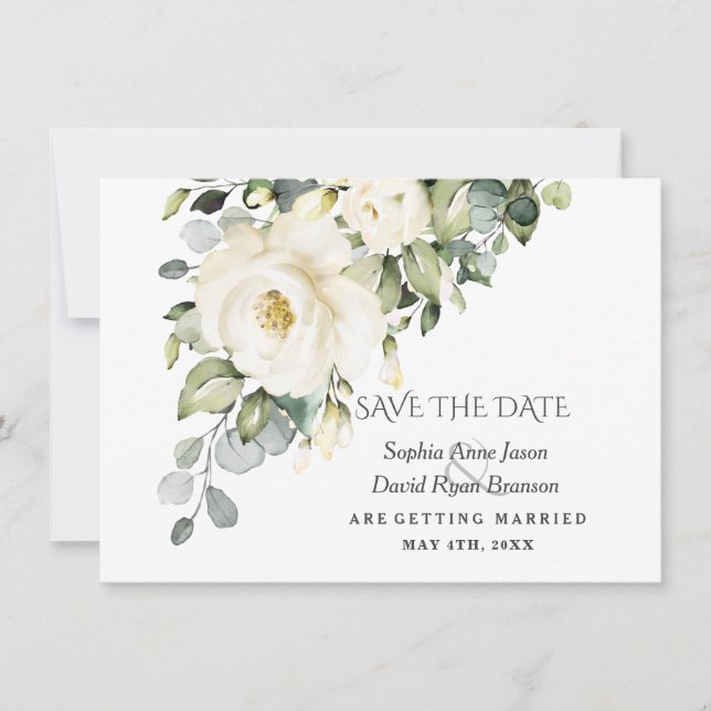 Reserva La Fecha Flores de Acuarela Blanca Charm Florecen Boda (Anverso)