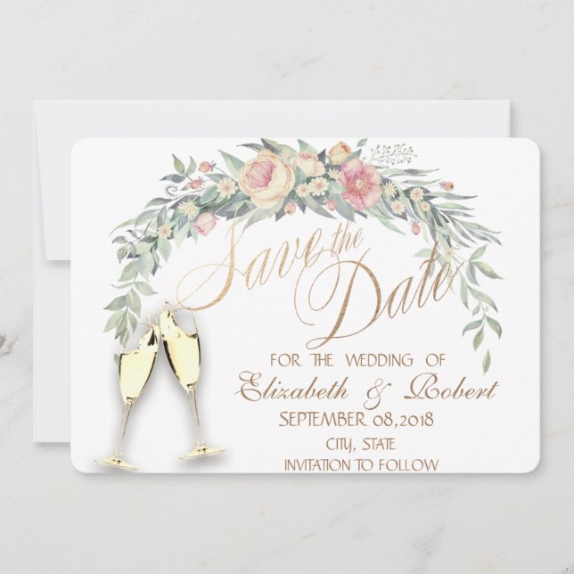 Reserva La Fecha Flores De Acuarela, Dotadas , Gafas Guardar La Fec (Anverso)