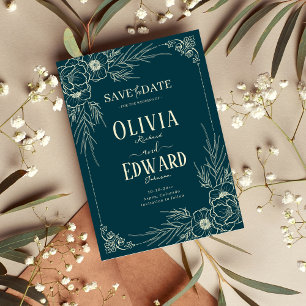 Reserva La Fecha Flores de Boda con Marco de Oro Elegante