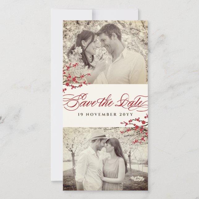 Reserva La Fecha Flores de cerezo rojo en el Zen asiático Sakura Fo (Anverso)