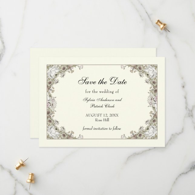 Reserva La Fecha Flores de dibujo boda romántico de marfil (Anverso/Reverso In Situ)