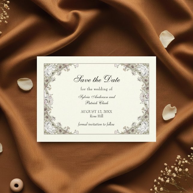 Reserva La Fecha Flores de dibujo boda romántico de marfil (Subido por el creador)