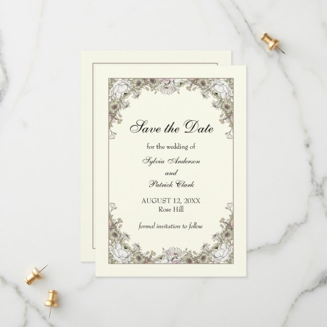 Reserva La Fecha Flores de dibujo boda romántico de marfil (Anverso/Reverso In Situ)