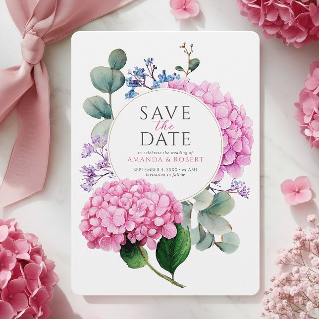 Reserva La Fecha Flores de Hortensia Rosa Acuarela Boda Elegante (Pink Hydrangea Flowers Watercolor Elegant Wedding Save The Date)