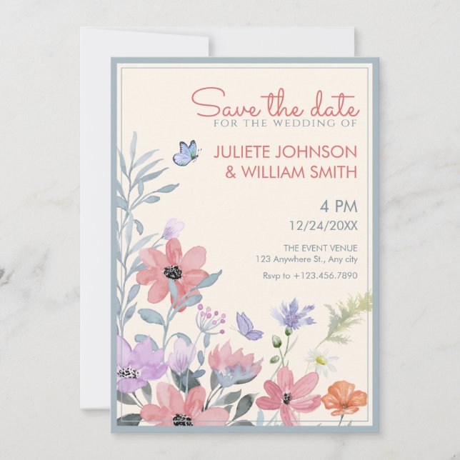 Reserva La Fecha Flores de mariposa de boda al pastel de acuarela (Anverso)