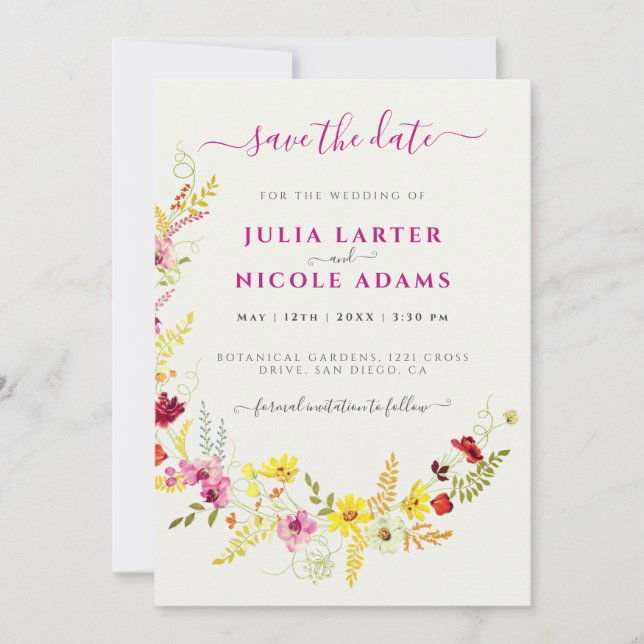 Reserva La Fecha Flores de orquídeas violetas rosadas salvajes Boda (Anverso)