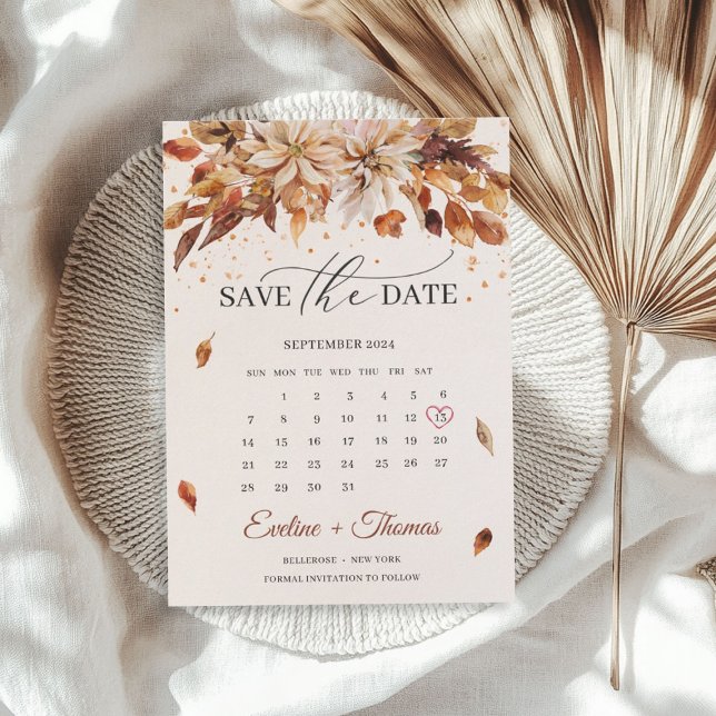Reserva La Fecha Flores de otoño y otoño calendario marigold Boho (Fall and Autumn Flowers Marigold Calendar Boho Save The Date)