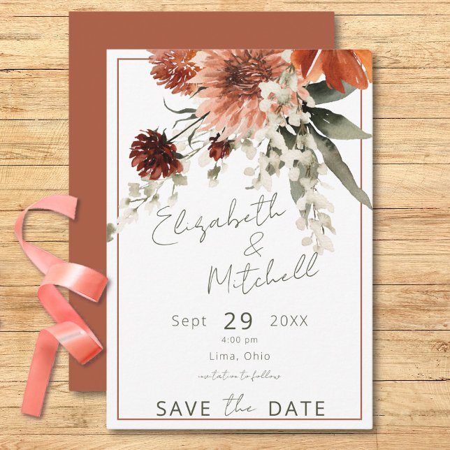 Reserva La Fecha Flores de óxido de terracota rústica (Rustic Terracotta Rust Flowers Save The Date)