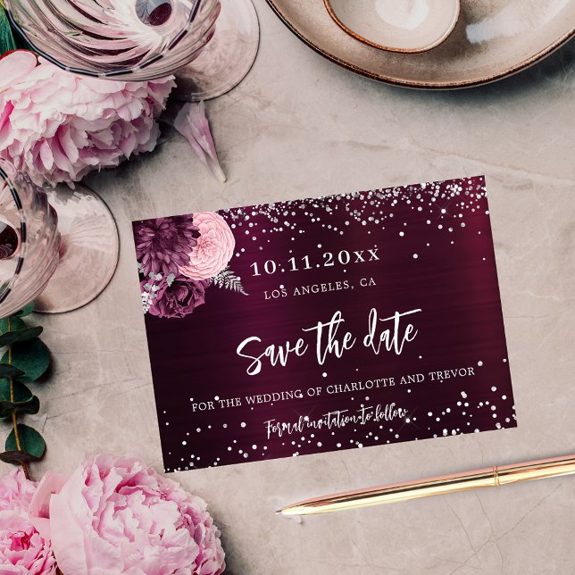 Reserva La Fecha flores de plata burdeos boda elegante (Subido por el creador)