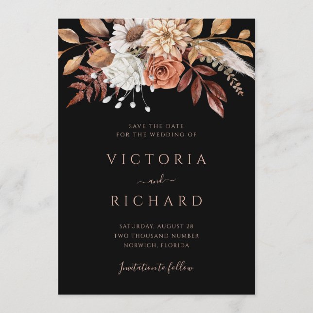 Reserva La Fecha Flores de Terracota Boho Otoño Bodas Negras (Anverso)