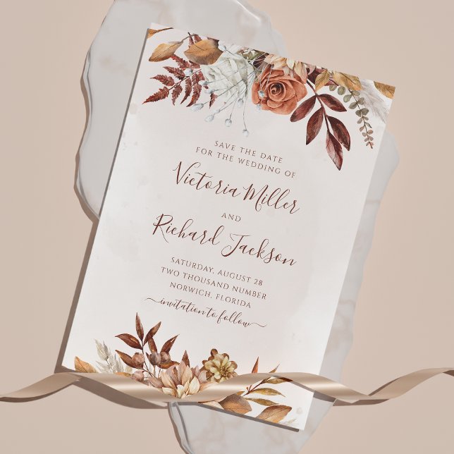 Reserva La Fecha Flores de terracota oxidadas Boho terroso Follaje  (Subido por el creador)