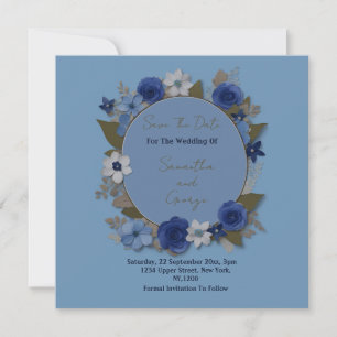 Reserva La Fecha Flores Elegantes de Círculo de Boda Plata Azul Mar